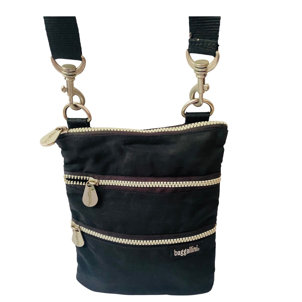 Baggallini Black Nylon Multi-Zip Crossbody Bag Travel Shoulder Purse Silver Tone